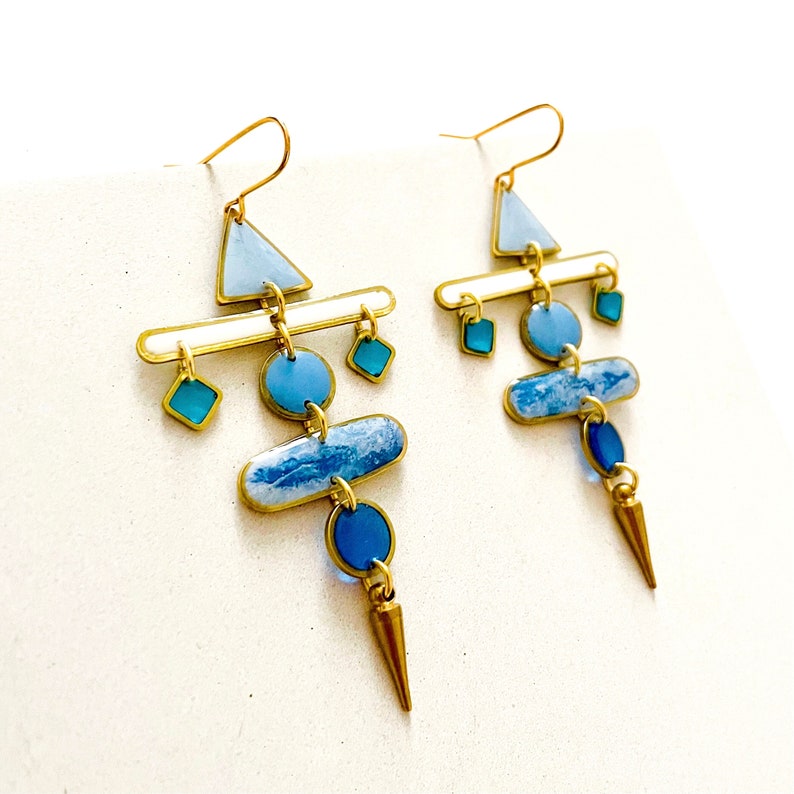 Statement Chandelier Earrings, Unique Blue Earrings, Bold Resin Earrings, Unusual Dangle Earrings For Women, Big Colourful Earrings UK Shop image 2