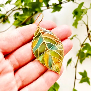 Leaf Dangle Earrings, Green Earrings UK, Statement Leaf Earrings, Colourful Resin Earrings, Big Lightweight Earrings Nature Lovers Gift image 4