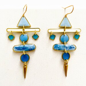 Statement Chandelier Earrings, Unique Blue Earrings, Bold Resin Earrings, Unusual Dangle Earrings For Women, Big Colourful Earrings UK Shop image 3