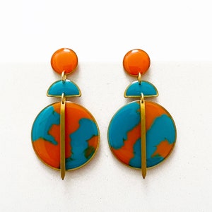 Orange and Turquoise Resin Earrings, Womens Colourful Jewellery, Large Brass Statement Earrings, Bold Dangle Earrings, Resin Earrings UK image 2