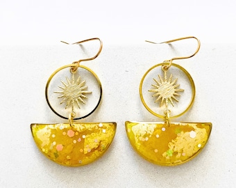 Celestial Dangle Earrings, Womens Sun Earrings UK, Unique Yellow Earrings, Bohemian Nickel Free Earrings, Resin Boho Earrings Gifts For Her