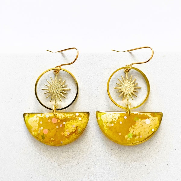Celestial Dangle Earrings, Womens Sun Earrings UK, Unique Yellow Earrings, Bohemian Nickel Free Earrings, Resin Boho Earrings Gifts For Her