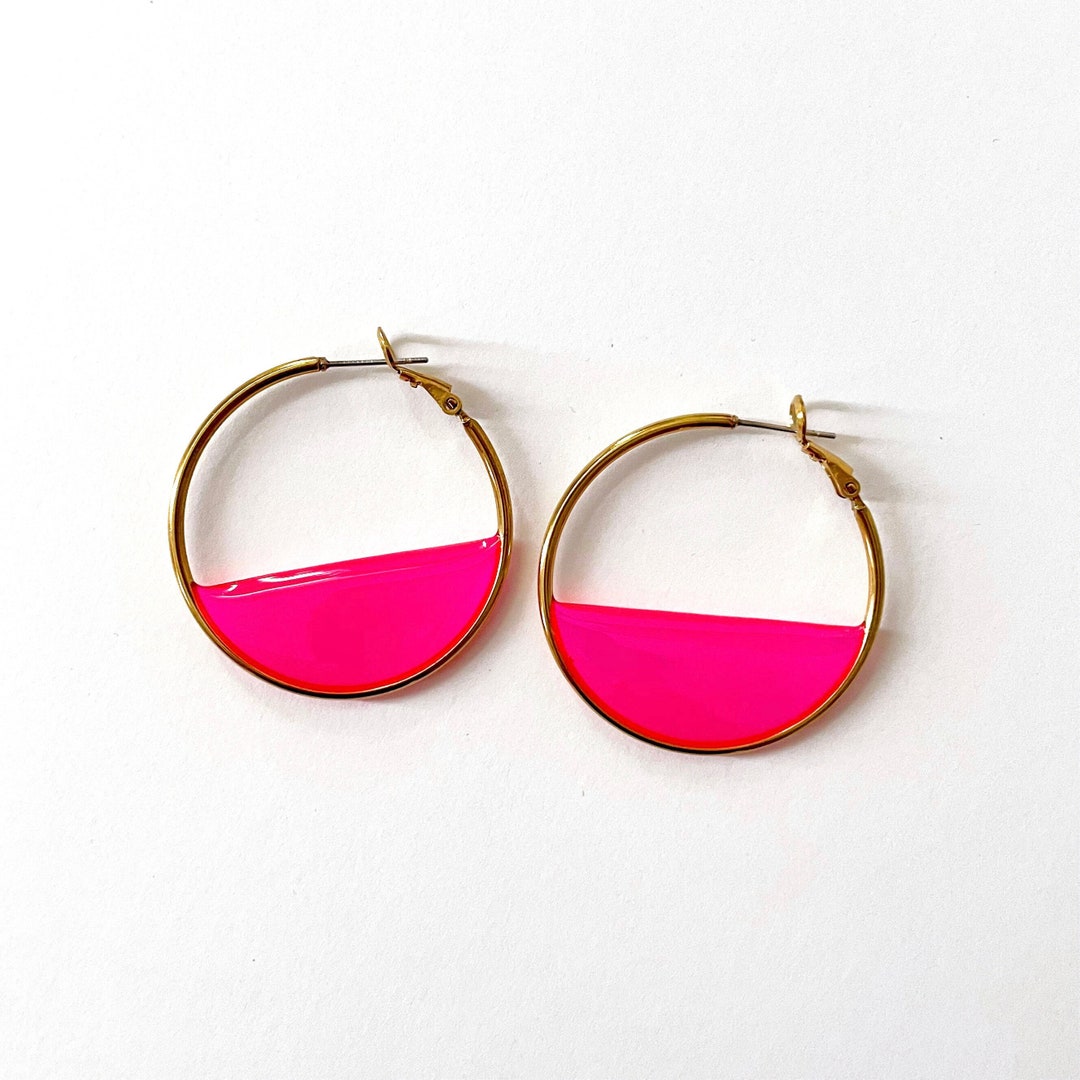 Neon Pink Hoop Earrings Gift Ideas for Friend UK Colourful Etsy