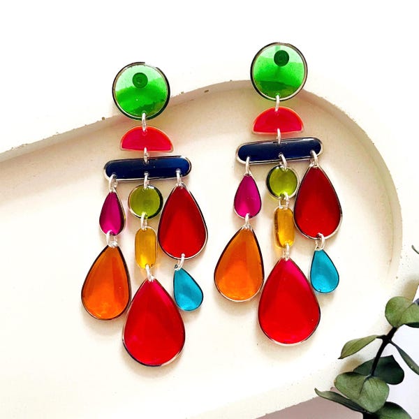 Colourful Silver Statement Earrings:  Large Chandelier Earrings