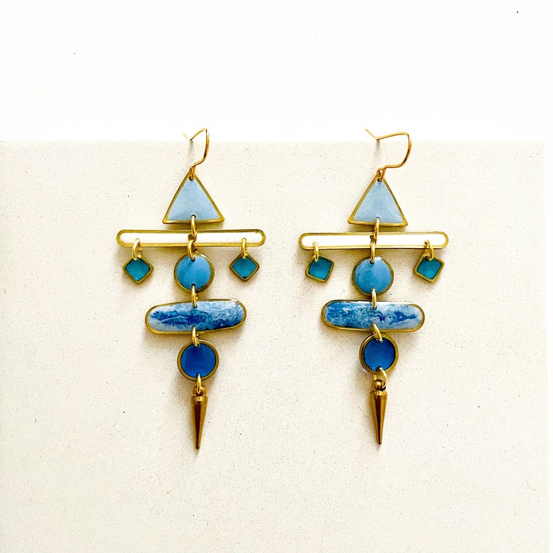 Statement Chandelier Earrings, Unique Blue Earrings, Bold Resin Earrings, Unusual Dangle Earrings For Women, Big Colourful Earrings UK Shop image 1