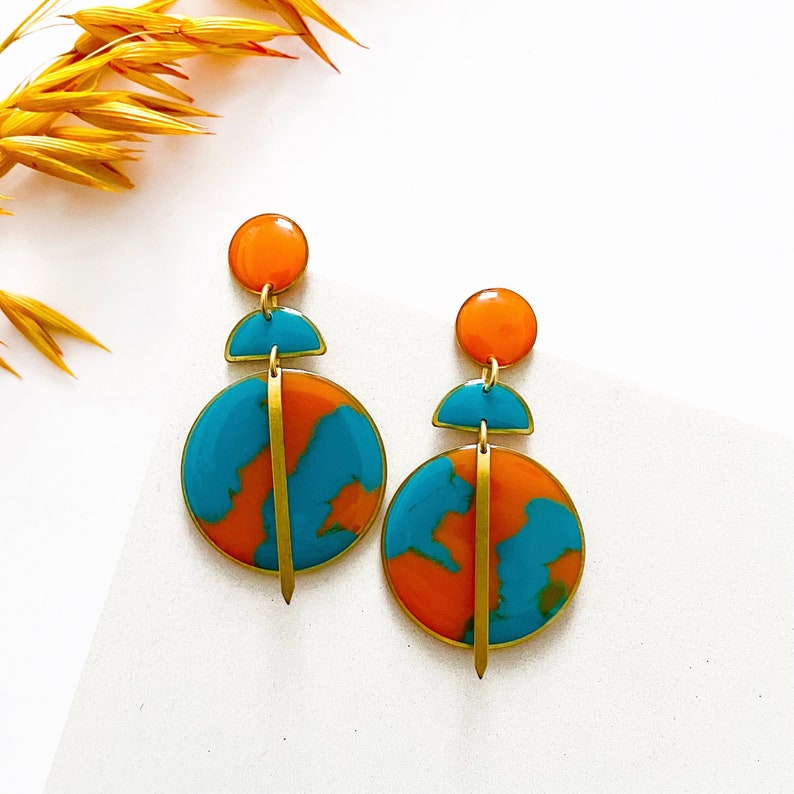 Orange and Turquoise Resin Earrings, Womens Colourful Jewellery, Large Brass Statement Earrings, Bold Dangle Earrings, Resin Earrings UK image 1