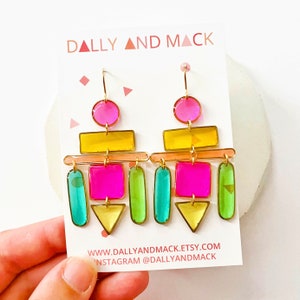 Womens Multicolour Earrings, Resin Chandelier Earrings, Colour Block Statement Earrings, Colourful Geometric Earrings, Fun Gift Ideas UK image 5