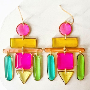 Womens Multicolour Earrings, Resin Chandelier Earrings, Colour Block Statement Earrings, Colourful Geometric Earrings, Fun Gift Ideas UK image 2