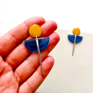 Art Deco Silver Earrings, Yellow and Blue Resin Earrings, Contemporary Silver Earrings, Bright Colourful Earrings, Womens Fashion Earrings image 4