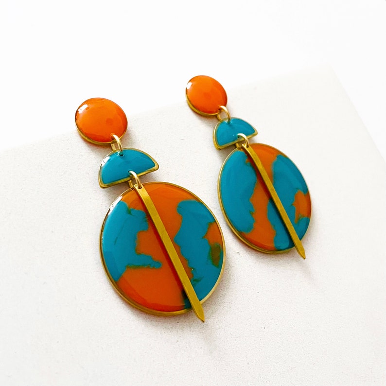 Orange and Turquoise Resin Earrings, Womens Colourful Jewellery, Large Brass Statement Earrings, Bold Dangle Earrings, Resin Earrings UK image 3