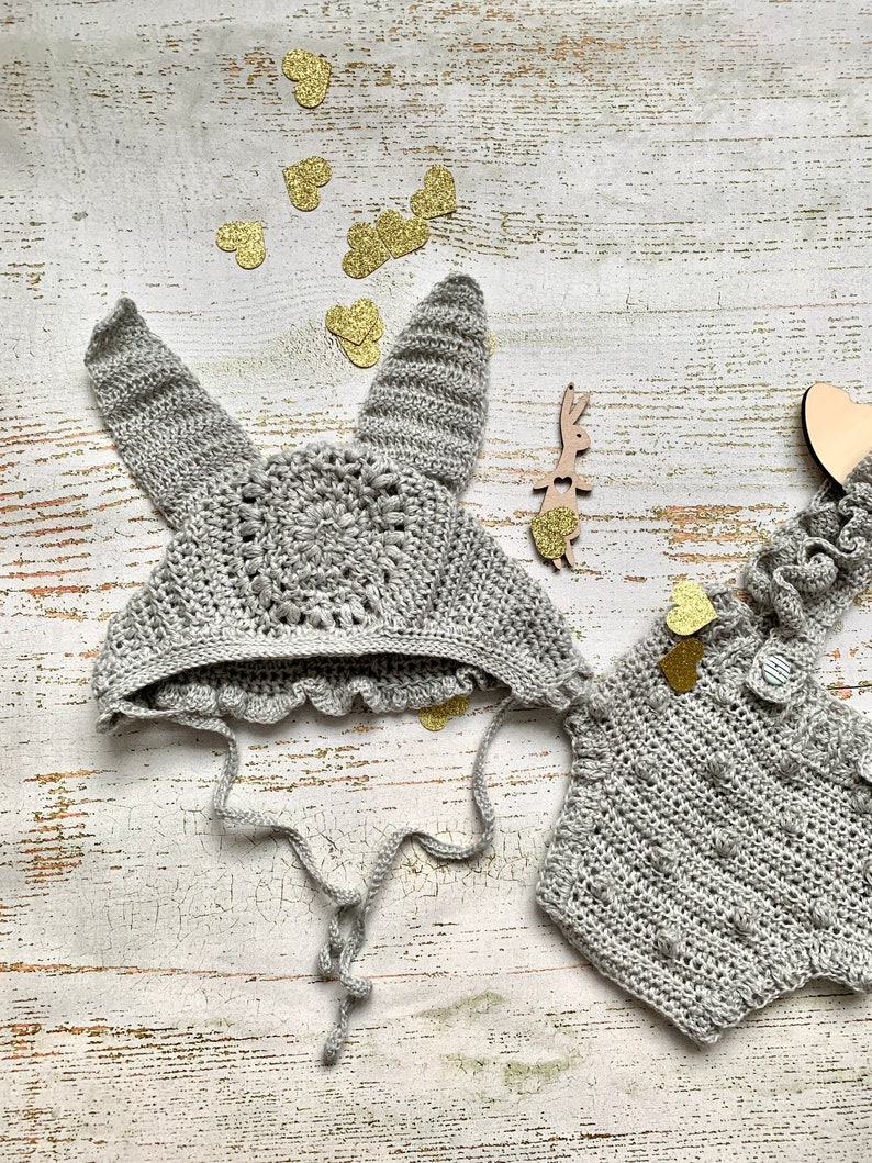 Easter set for the first photo shoot rabbit hat and crochet romper for fun baby shower