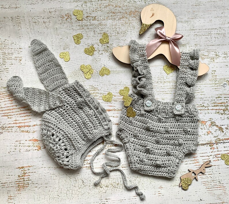 Easter set for the first photo shoot rabbit hat and crochet romper for fun baby shower