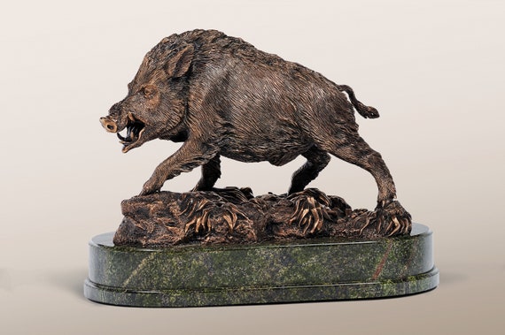 Bronze Wild Boar Figurine Brown Bronze Aper On A Marble Base Etsy