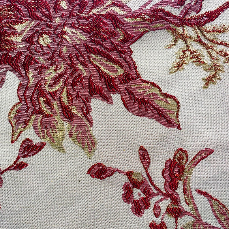 CoralGold Floral Metallic Brocade Woven Fabric