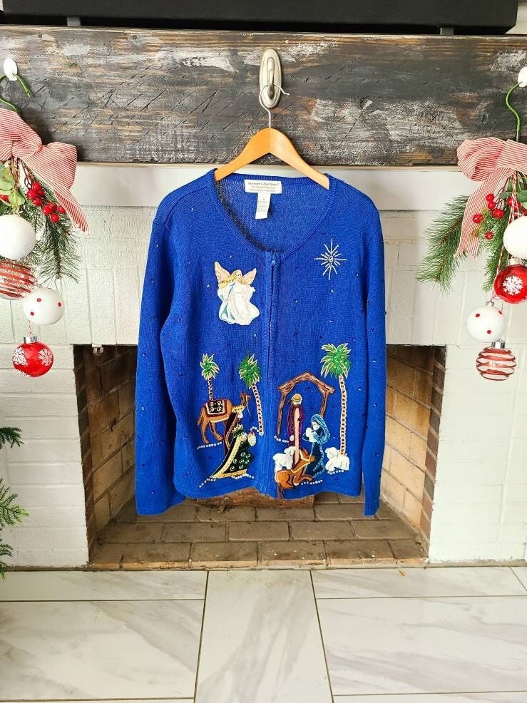 Vintage Made in USA Cardi Vintage Embroidered Christmas Nativity Sweater,Nativity Cardigan Vintage 90s Nativity Christmas Cardigan Sweater