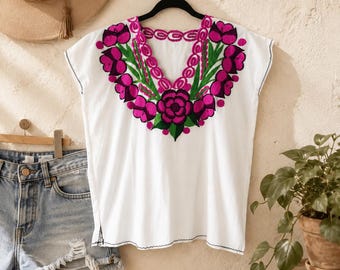Vintage 80s Mexican Embroidered Huipil Blouse White Cotton Purple Fushcia Green Floral Folk Art Boho Festival Top M/L