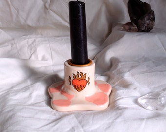 Flaming Heart Mini candle holder, handmade candlestick holder , clay candle holder, latina owned business
