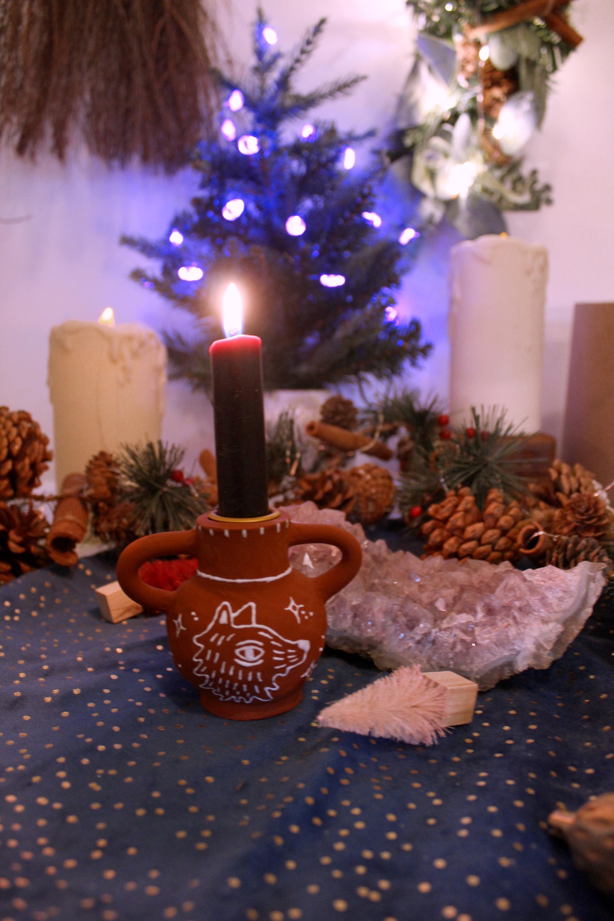Terracotta Wolf candle holder, handmade candlestick holder, home decor, clay candle holder, latina owned business
