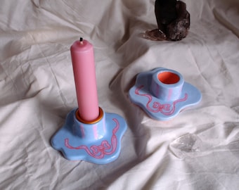 Pink Bow Mini candle holder, handmade candlestick holder, clay candle holder, latina owned business