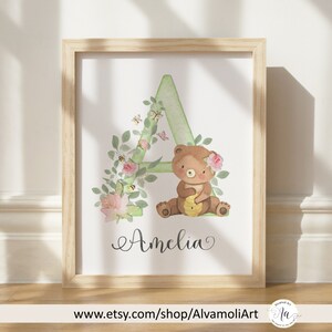 Teddy Bear Nursery Art Print, Custom Animal Letter, Woodland Baby Decor , Bear nursery decor, Baby Girl Name Sign, DIGITAL DOWNLOAD, SKU7