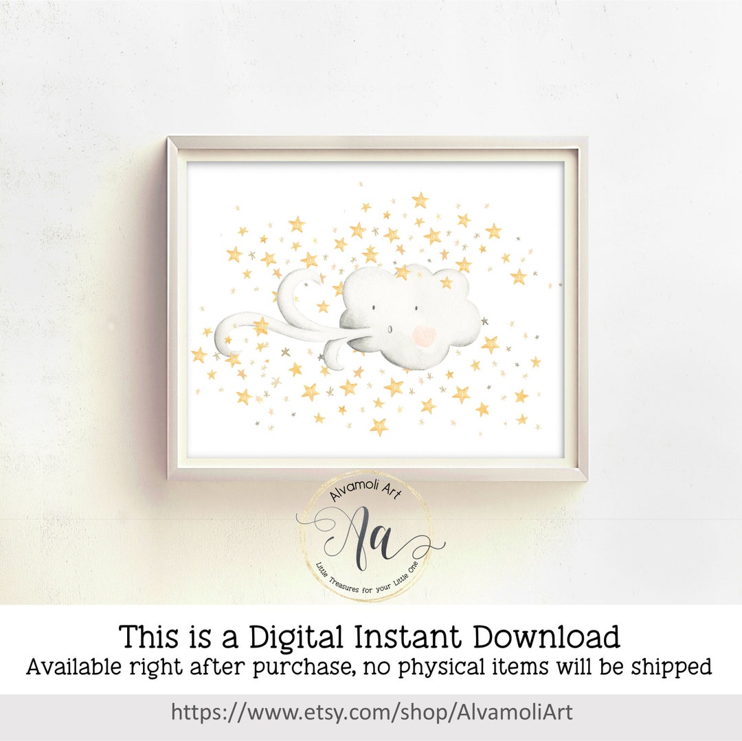 Sky Themed Nursery Art, Stars Nursery Art. Cloud and Wind Wall Art