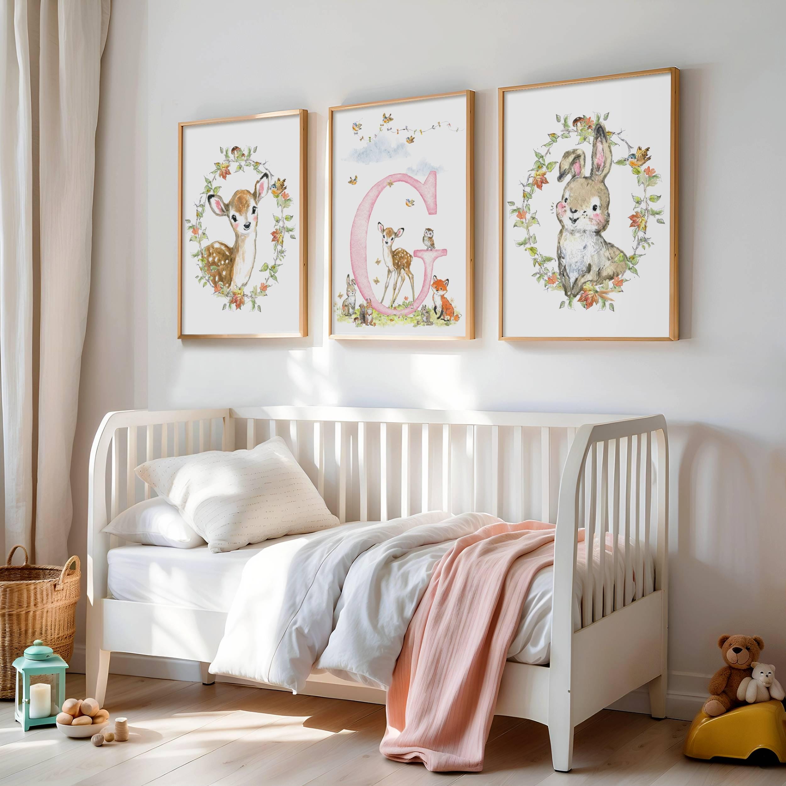 Set of 3 Custom Woodland Nursery Wall Art Prints, Personalized Initial ...