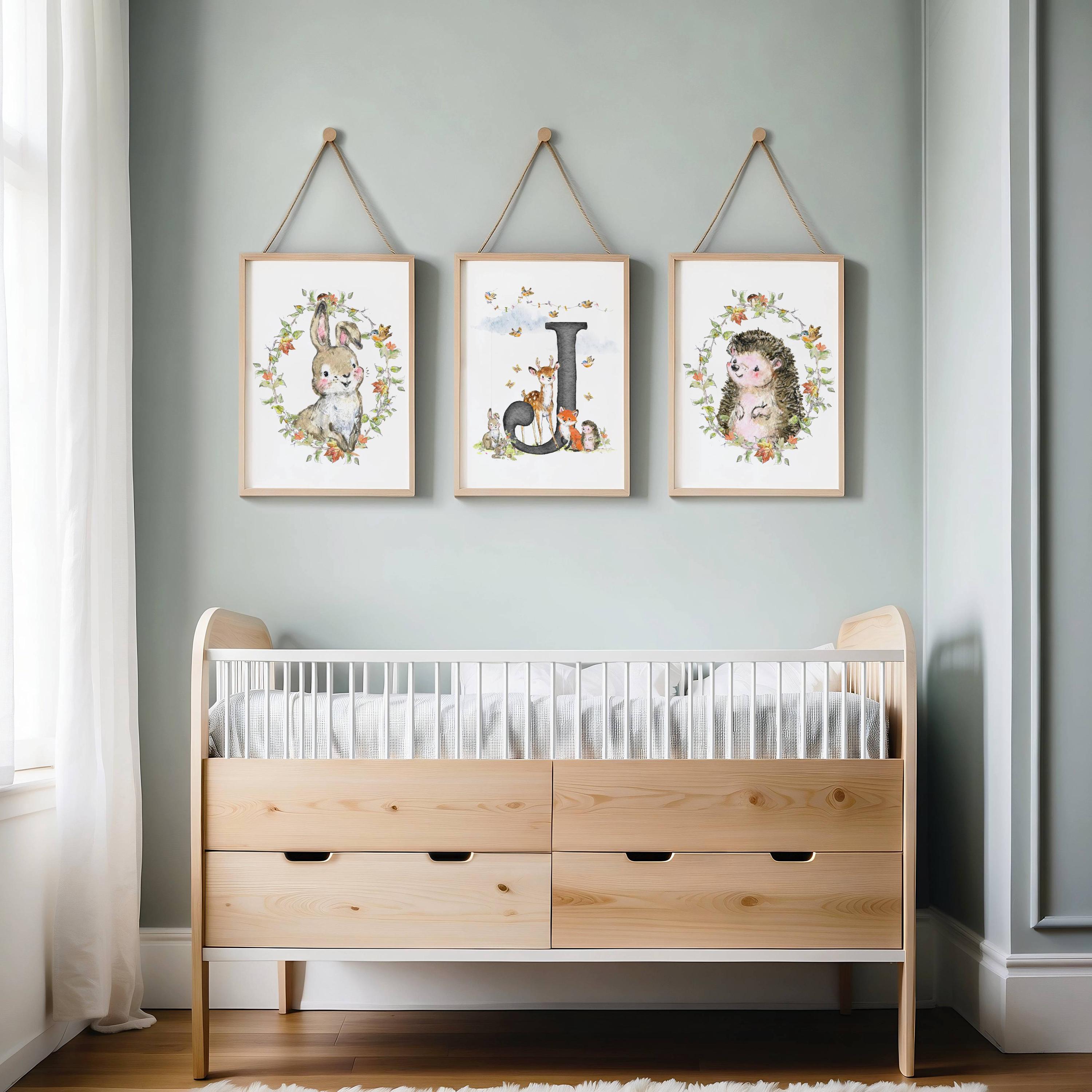 Set of 3 Custom Woodland Nursery Wall Art Prints, Personalized Initial ...