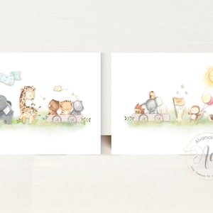 Safari and Forest Animals Parade Nursery Art Prints set of 2: Neutral Baby Decor, Elephant, Giraffe, Monkey, Bear (Digital File) SKU1