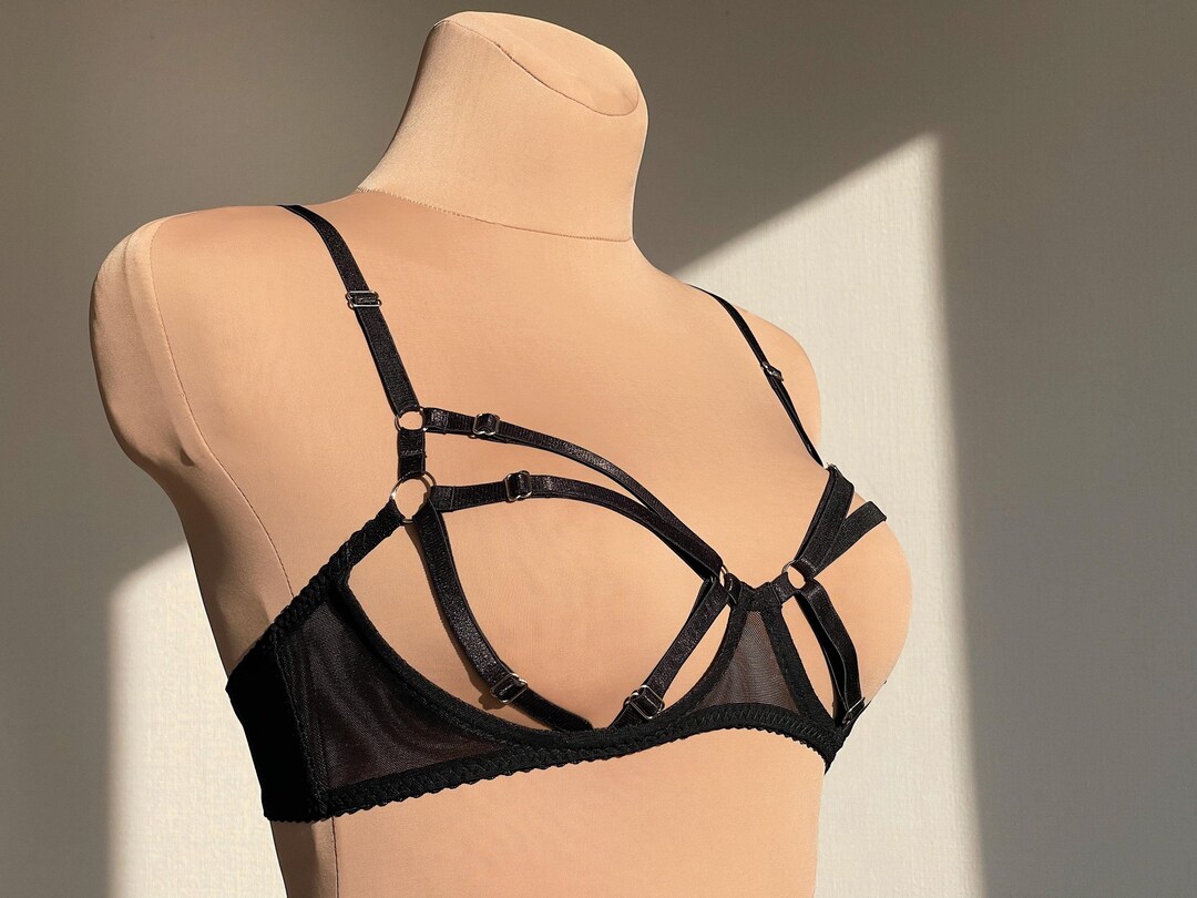 Strappy lingerie set, Harness see through lingerie, Open cup strappy