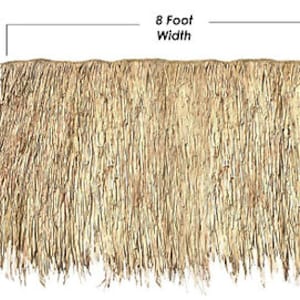 May include: A 4 foot tall by 8 foot wide thatched roof panel made of natural materials. The panel is made of long, thin strands of thatch that are woven together to create a dense, textured surface.
