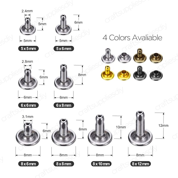 100 juegos de remaches de doble tapa para artesanías de cuero 5mm, 6mm, 7mm, 8mm, 9mm, 10mm, 12mm/suministros para manualidades DIY