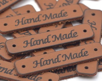 20 Stück Braune handgemachte Motiv-Kunstleder-Etiketten für handgemachte Artikel 45x10mm | Bastelbedarf DIY