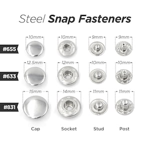 50sets Metal Snap Fasteners Press Studs Snap Buttons Poppers 10mm #655, 12.5mm #633, 15mm #831 | Craft Supplies DIY