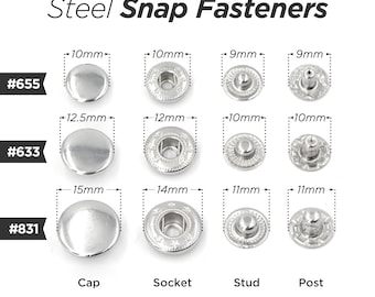 50sets Metal Snap Fasteners Press Studs Snap Buttons Poppers 10mm #655, 12.5mm #633, 15mm #831 | Craft Supplies DIY