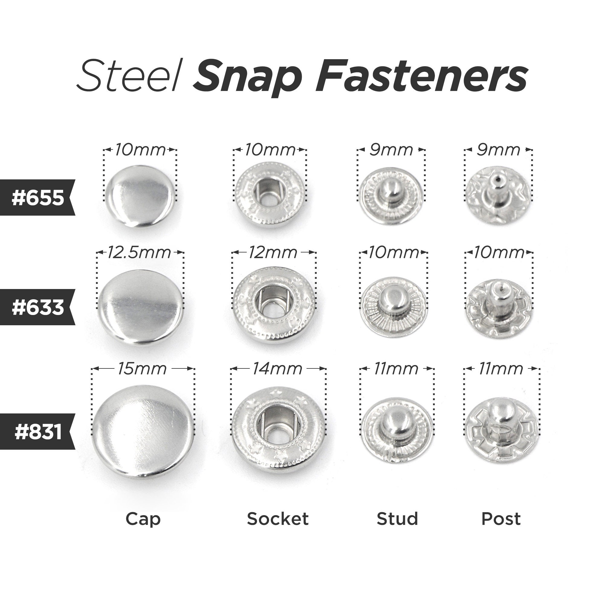 Metal Snap Buttons,Fasteners, Snap Fasteners,Snap Button,Hidden Sew  Snap,Press Studs,10 Set/Pack 10/12/15/17/20mm Metal Sewing Button Snap  Button