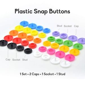 May include: Assortment of colorful plastic snap buttons in various colors, including red, orange, yellow, green, blue, purple, pink, and black. The buttons are arranged in rows, with each row containing a different color. The text "Plastic Snap Buttons" is at the top of the image, and the text "1 Set = 2 Caps + 1 Socket + 1 Stud" is at the bottom.