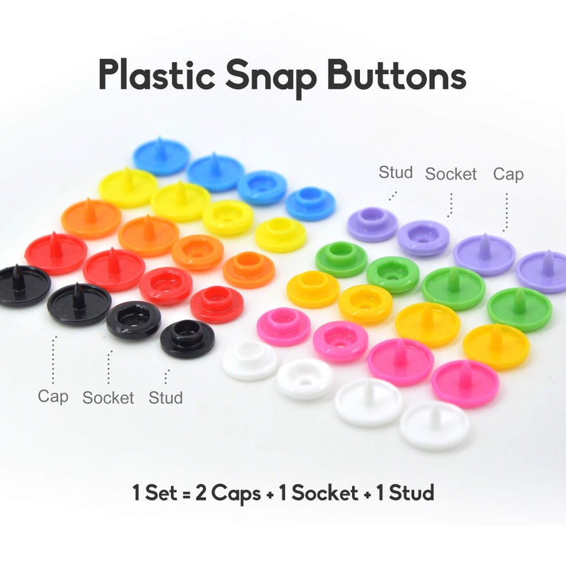 May include: Assortment of colorful plastic snap buttons in various colors, including red, orange, yellow, green, blue, purple, pink, and black. The buttons are arranged in rows, with each row containing a different color. The text "Plastic Snap Buttons" is at the top of the image, and the text "1 Set = 2 Caps + 1 Socket + 1 Stud" is at the bottom.