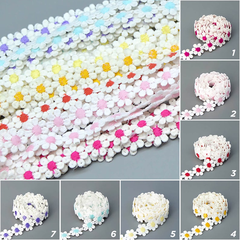 2 yards Assorted Color Daisy Flower Trim Embroidery Fabric Sewing Kid's Children Garment Bag Crafts DIY Accessories 14mm image 1