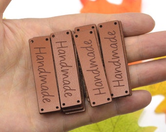 20 Stück Braune handgemachte Motiv-Kunstleder-Etiketten für handgemachte Artikel 48 x 13 mm | Bastelbedarf DIY