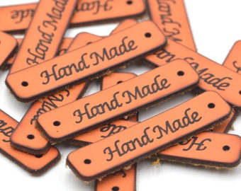 20pcs Orange Handmade Motif Artificial Leather Label Tags for Handmade Items 45x10mm | Craft Supplies DIY