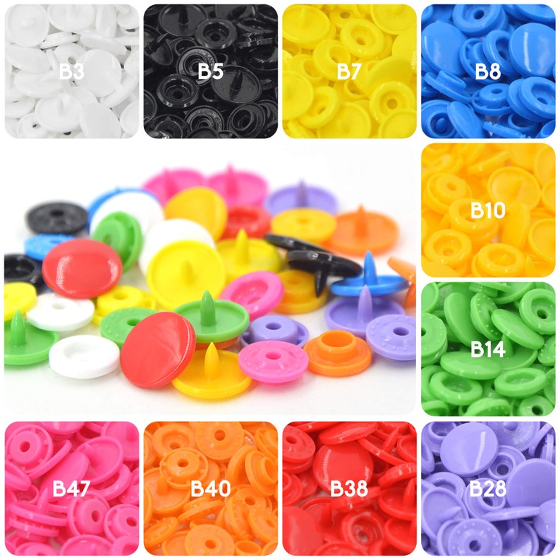May include: Assortment of plastic snap buttons in various colors, including white, black, yellow, blue, orange, red, pink, green, and purple. The buttons are arranged in rows and labeled with numbers, such as B3, B5, B7, B8, B10, B14, B47, B40, B38, and B28.