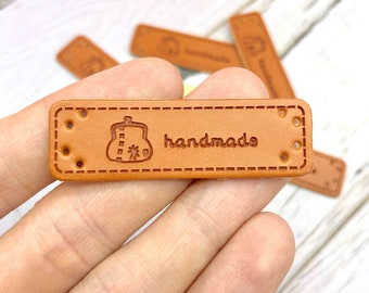 Brown "handmade" PU Labels for Handmade Items Wallet Motif Artificial PU Leather Tags 50x15mm | Craft Supplies DIY