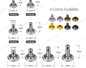 100 Sets Doppelkappennieten für Lederhandwerk 5 mm, 6 mm, 7 mm, 8 mm, 9 mm, 10 mm, 12 mm | Bastelbedarf DIY