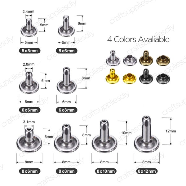 100sets Double Cap Rivets Studs for Leather-crafts 5mm, 6mm, 7mm, 8mm, 9mm, 10mm, 12mm | Craft Supplies DIY
