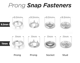 May include: Assortment of silver-toned snap fasteners in two sizes: 9.5 mm and 11 mm. Each size includes a prong, prong socket, and stud.