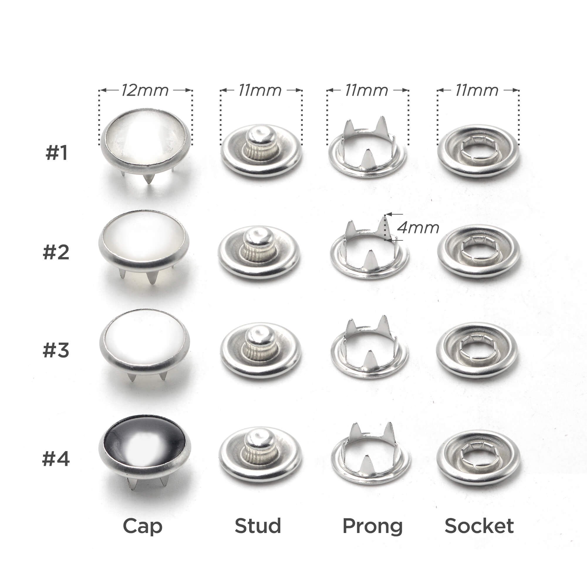 50sets Multi-Size Silver Color Metal Snap Fasteners Press Studs Snaps  Button 10mm #655, 12.5mm #633, 15mm #831