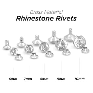 May include: Assortment of brass rhinestone rivets in various sizes, ranging from 6mm to 10mm. The rivets are silver-toned and feature clear rhinestones.