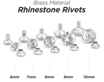 May include: Assortment of brass rhinestone rivets in various sizes, ranging from 6mm to 10mm. The rivets are silver-toned and feature clear rhinestones.