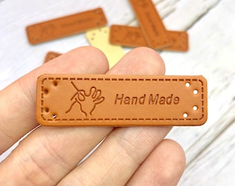 Brown "Hand Made" PU Labels for Handmade Items Sewing Hand Motif Artificial PU Leather Tags 50x15mm | Craft Supplies DIY