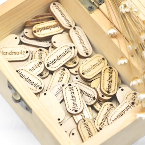 50pcs Natural Color &quot;Handmade&quot; Engraved Wooden Button Tags 2 Holes for Crochet 24x11.5mm | Craft Supplies DIY
